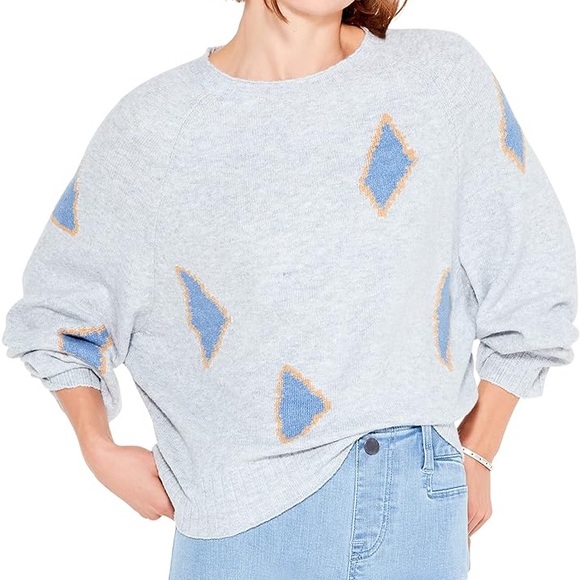 Nic + Zoe Cozy Up Geo Sweater in Gray balloon sleeve crew neck cropped medium - Picture 1 of 10